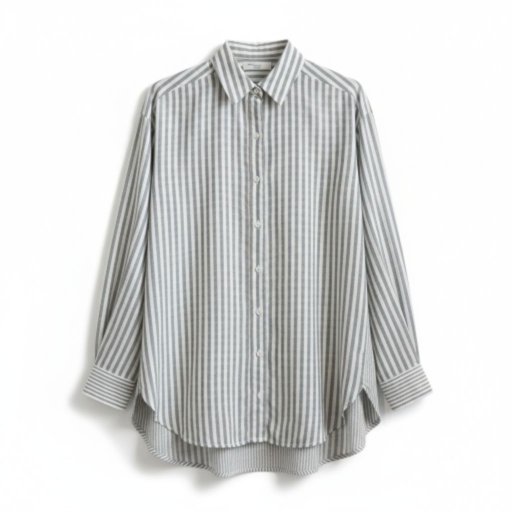 Easel Sz. S Striped Collared Button Down Long Sleeve Blouse Top in Cement